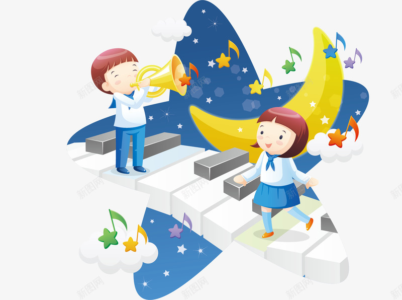 琴键和音乐卡通插画png免抠素材_新图网 https://ixintu.com 儿童 卡通插画 小朋友音乐 月亮 琴键 音乐