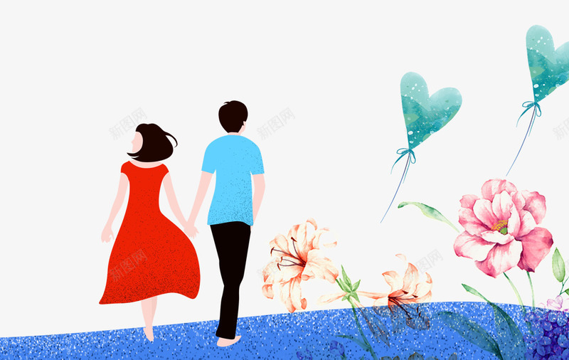 卡通手绘浪漫情侣插画psd免抠素材_新图网 https://ixintu.com 卡通手绘 情人节 情侣 插画 气球 爱心 爱情 花朵