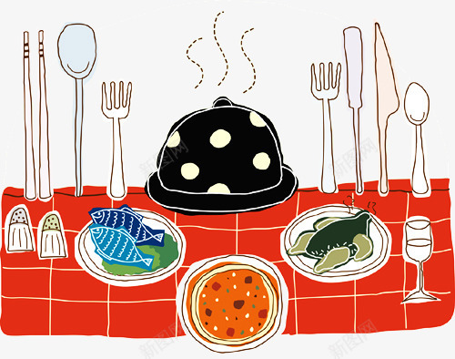 桌子上的美食png免抠素材_新图网 https://ixintu.com 卡通 叉子 小刀 手拿小刀 披萨 漫画 酒杯 鱼肉