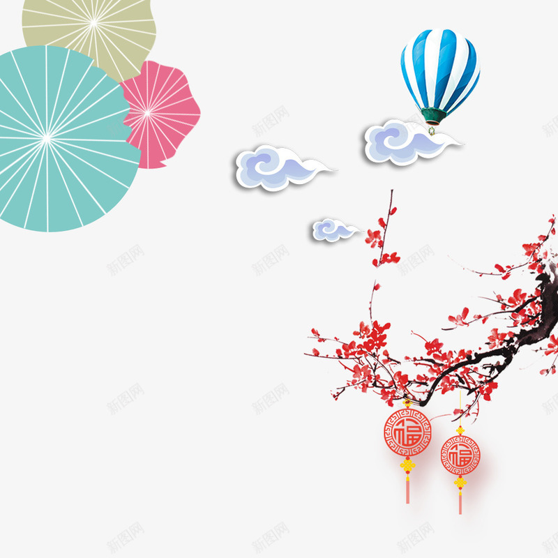 年终促销活动装饰psd免抠素材_新图网 https://ixintu.com 年终促销 梅花与吊饰 活动 热气球 祥云 装饰
