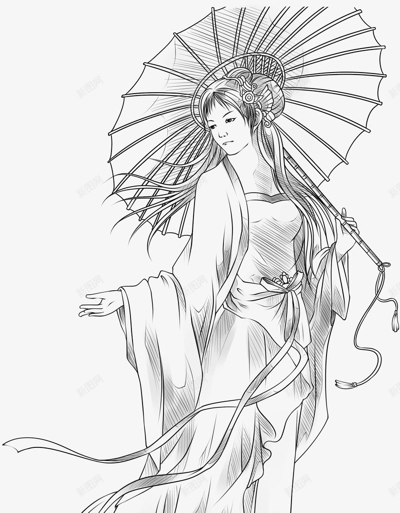 卡通古装美女png免抠素材_新图网 https://ixintu.com 卡通女孩 古装 线描美女 美女 这个线稿