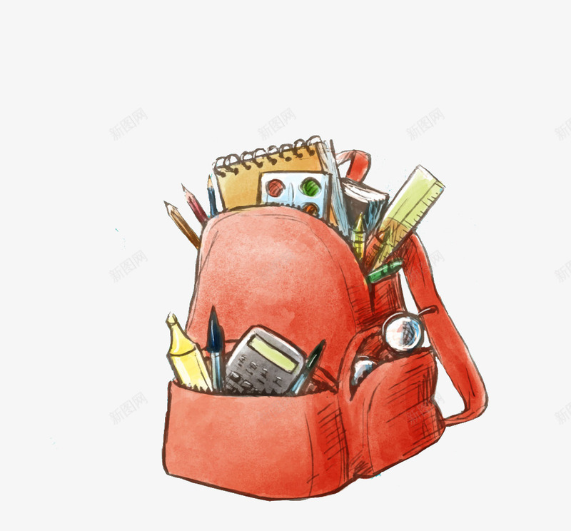 红色双肩包png免抠素材_新图网 https://ixintu.com 尺子 文具 本子 计算器 铅笔