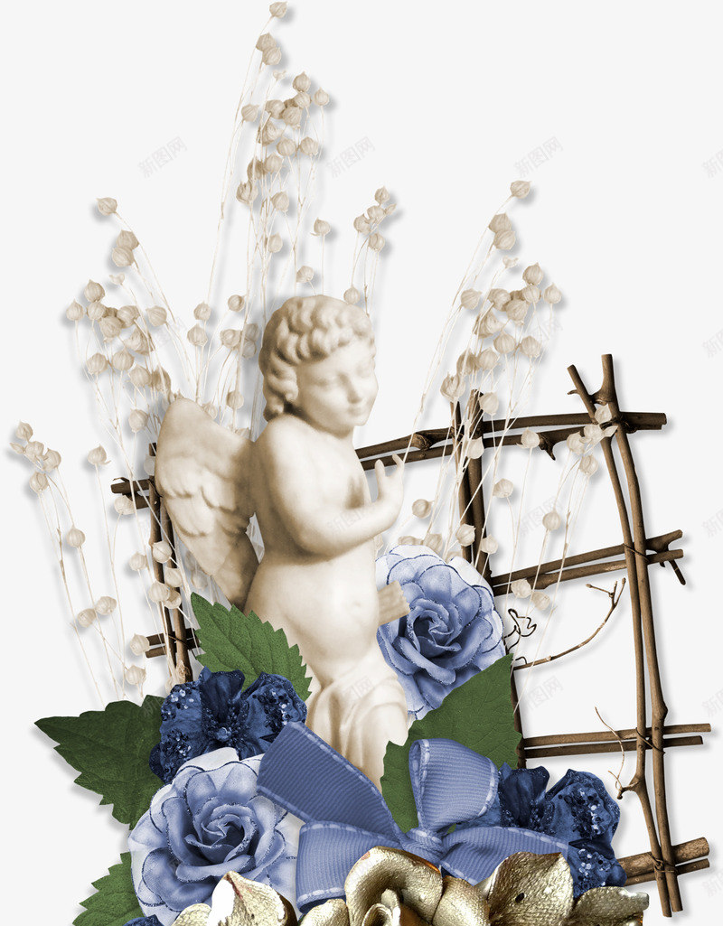 雕像png免抠素材_新图网 https://ixintu.com 天使 栅栏 石像 花卉 雕像