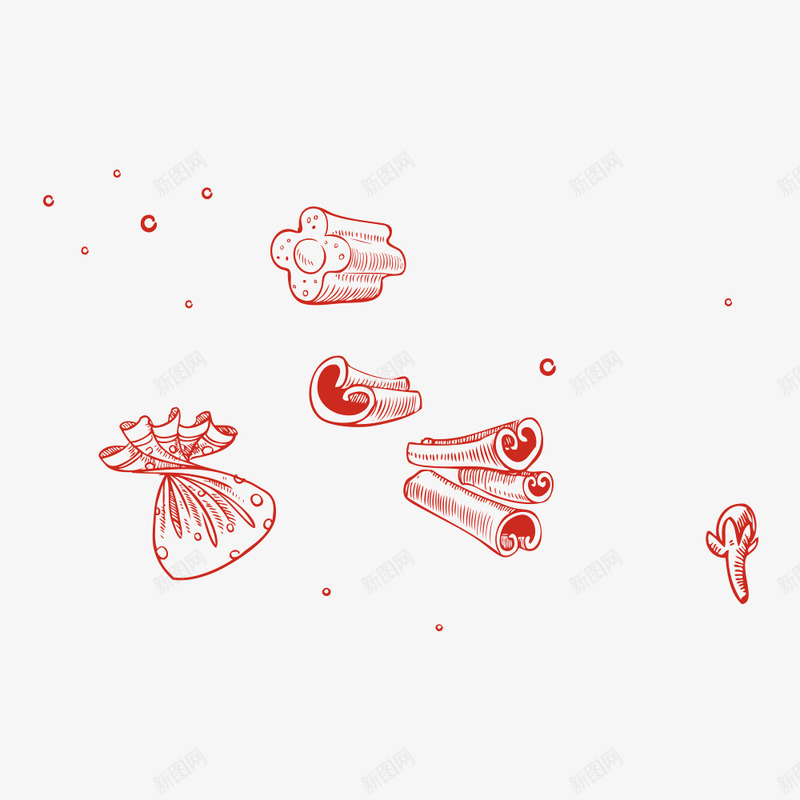 红色线稿美食psd免抠素材_新图网 https://ixintu.com 手绘 素材 红色 线稿