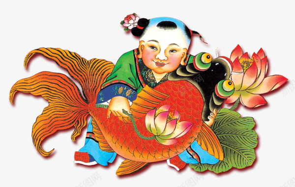 抱鱼的年画娃娃海报背景png免抠素材_新图网 https://ixintu.com 娃娃 年画 海报 背景