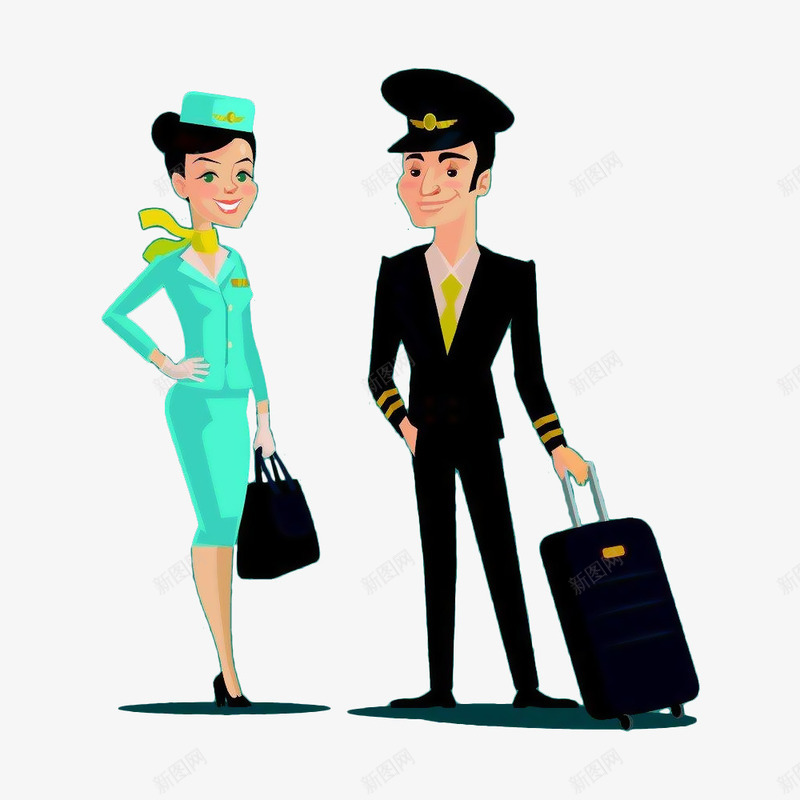 卡通空乘和机长png免抠素材_新图网 https://ixintu.com 卡通 拖着行李 插画 服务员 机长 空乘 行李箱 飞机师