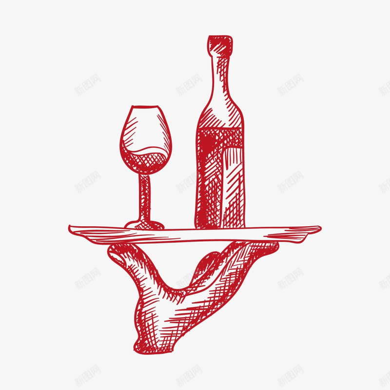 素描美酒png免抠素材_新图网 https://ixintu.com 托盘 素描美酒 装饰 酒杯 酒瓶