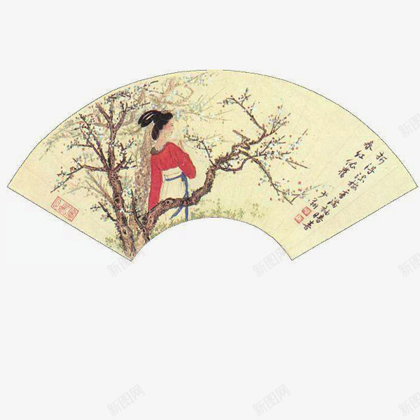 扇形水墨画边框png免抠素材_新图网 https://ixintu.com 中国风 古风 扇形 扇面边框 折扇 树下女子 水墨画 纸质 绘画