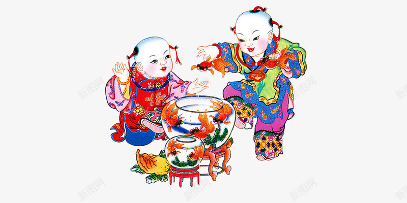 中国娃娃derpng免抠素材_新图网 https://ixintu.com 中国娃娃 中国风 年年有余 年画 童子