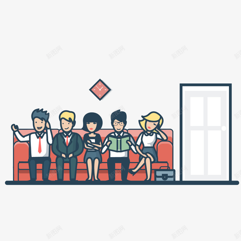 扁平化场景人物png免抠素材_新图网 https://ixintu.com 人物矢量 人物矢量素材 卡通矢量 卡通矢量素材 家庭成员 扁平场景 钟表 门
