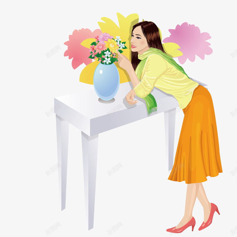 闻花香的美女矢量图ai免抠素材_新图网 https://ixintu.com 桌子 美女 花瓶 花香 矢量图