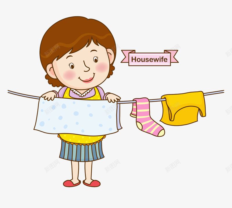 晾衣服的女人场景图png免抠素材_新图网 https://ixintu.com 卡通 女人 家庭主妇 插图 绳子 英文字 高兴的