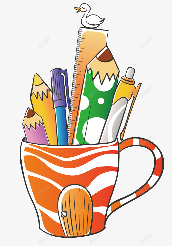 杯子里的文具png免抠素材_新图网 https://ixintu.com 卡通 插画 文具 杯子