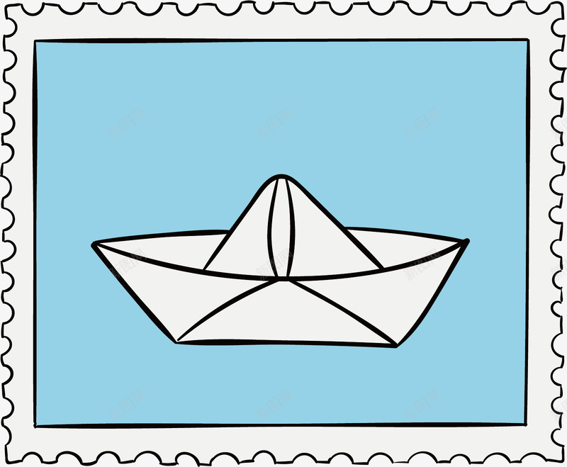 纸船邮票png免抠素材_新图网 https://ixintu.com 小船 手绘 折纸 纸质 花边 蓝色背景 邮票 邮票模板