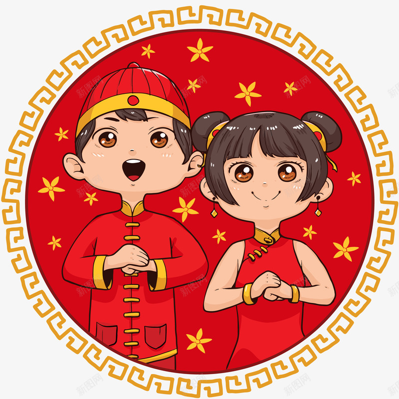 新春拜年装饰插画png免抠素材_新图网 https://ixintu.com 年画娃娃 插画 新年 新春佳节 装饰图案