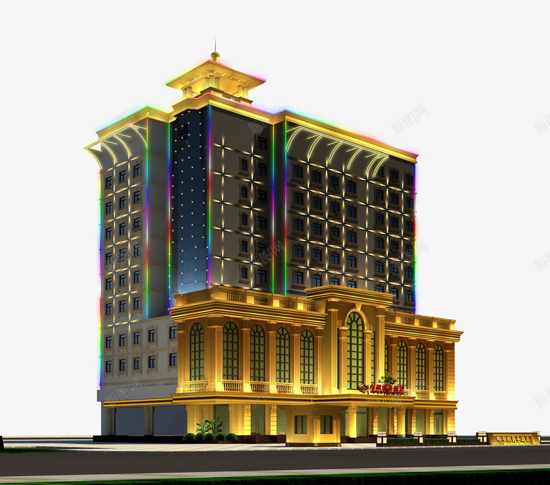 彩色灯楼psd免抠素材_新图网 https://ixintu.com 彩灯 灯楼 酒店 高楼 黑色