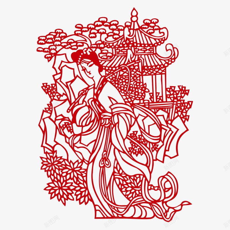 剪纸窗花png免抠素材_新图网 https://ixintu.com 凉亭 剪纸 古装美女 窗花 窗贴 装饰品 贴纸