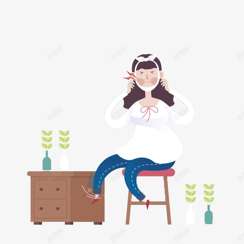 牙疼的女孩png免抠素材_新图网 https://ixintu.com 凳子 卡通 叶子 女孩 手绘 桌子 水彩 牙疼 绿叶 花瓶