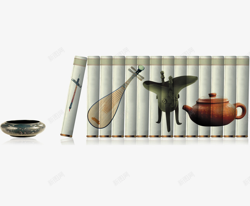 古典书籍器皿psd免抠素材_新图网 https://ixintu.com PNG 书籍 古筝 茶壶 酒杯