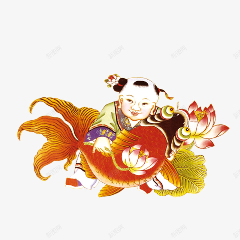 鲤鱼年画娃娃psd免抠素材_新图网 https://ixintu.com 鲤鱼年画娃娃