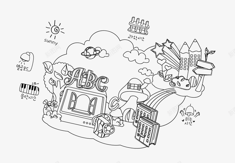 黑白卡通插画png免抠素材_新图网 https://ixintu.com 卡通插画 卡通素材 手绘 黑白线稿