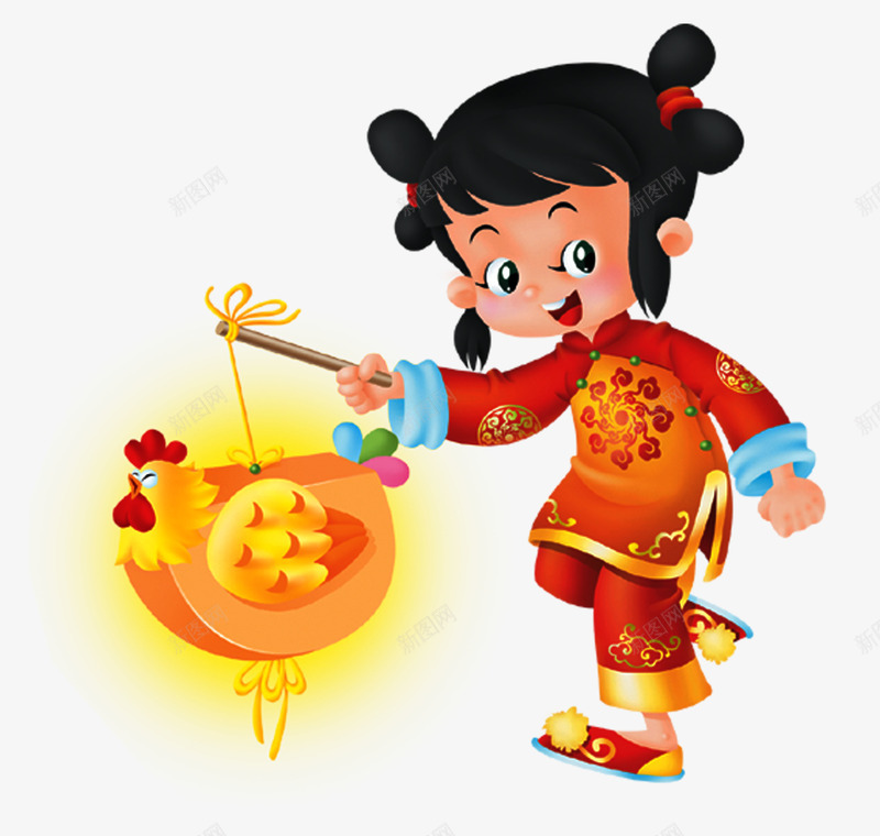 女娃娃挑灯笼png免抠素材_新图网 https://ixintu.com 中国风 喜庆 女娃娃 挑鸡形灯笼 红色