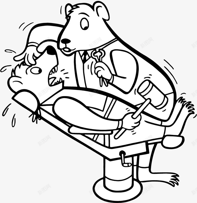 动物医生卡通插画png免抠素材_新图网 https://ixintu.com 动物医生 卡通插画 口腔检查 手术台 牙医诊所 牙齿 线稿 细菌 蛀牙