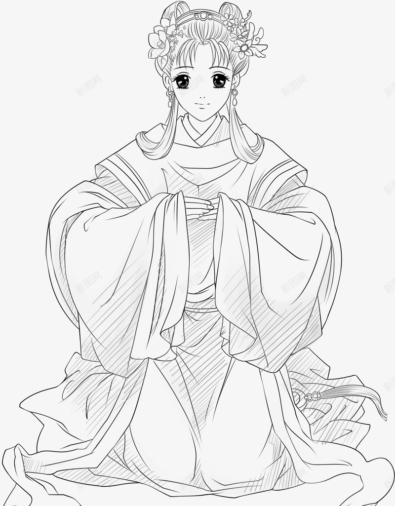 卡通美女png免抠素材_新图网 https://ixintu.com 卡通 古装 手绘 手绘古装 线描美女 美女 美女线稿