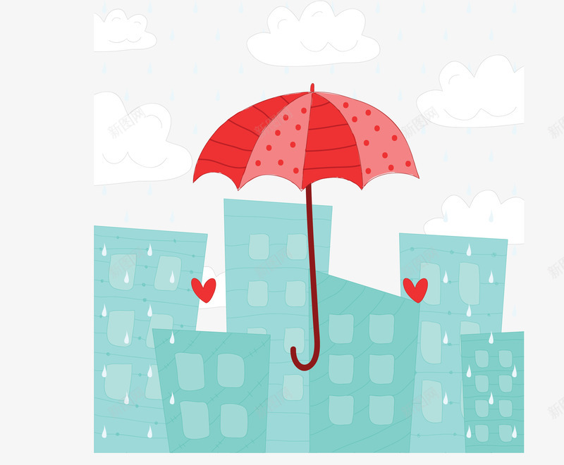 绿色房子红色雨伞矢量图ai免抠素材_新图网 https://ixintu.com 打伞 矢量png 红色雨伞 绿色房子 雨伞 雨季 矢量图