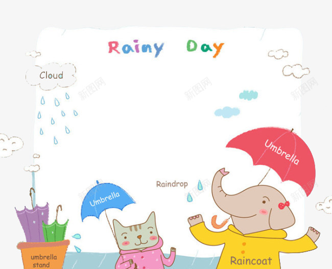 手绘卡通雨天散步png免抠素材_新图网 https://ixintu.com 卡通 大象 手绘 猫咪 雨伞 雨天 雨滴