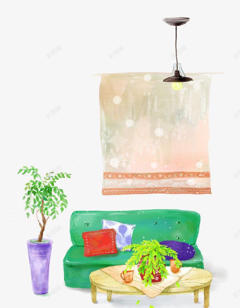 水墨可爱家具背景png免抠素材_新图网 https://ixintu.com 可爱 家具 手绘 水墨 沙发