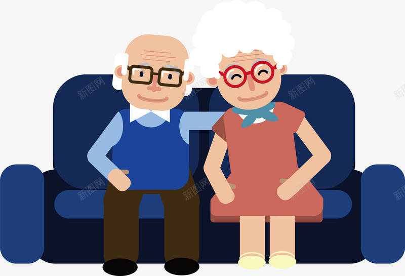坐在沙发上的爷爷奶奶png免抠素材_新图网 https://ixintu.com 慈祥 爷爷奶奶 矢量png 老夫老妻 蓝色沙发