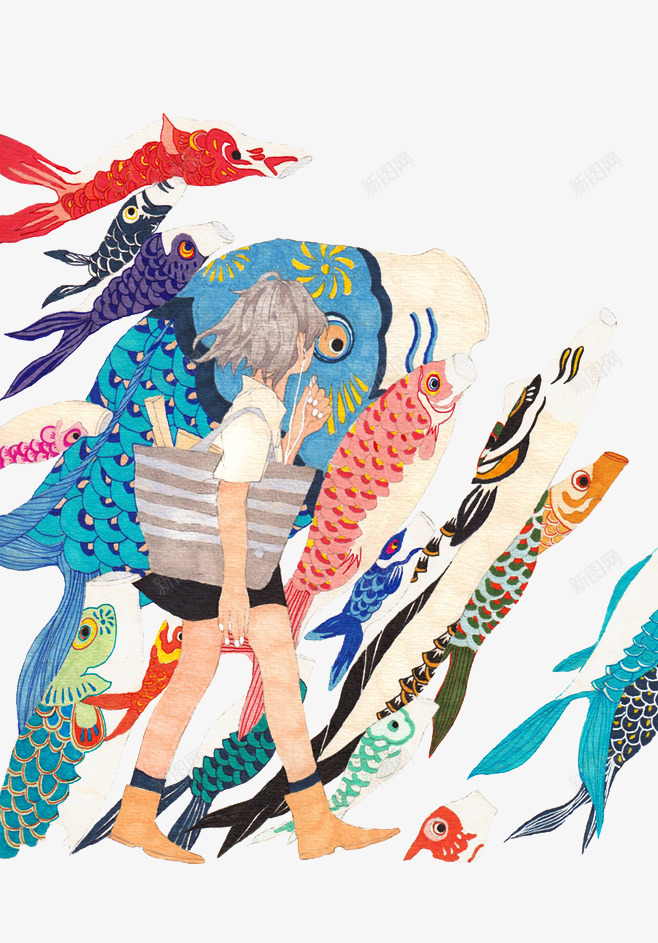 鲤鱼旗png免抠素材_新图网 https://ixintu.com 女孩 手绘 插画 旗帜 日本传统图案鲤鱼 鲤鱼