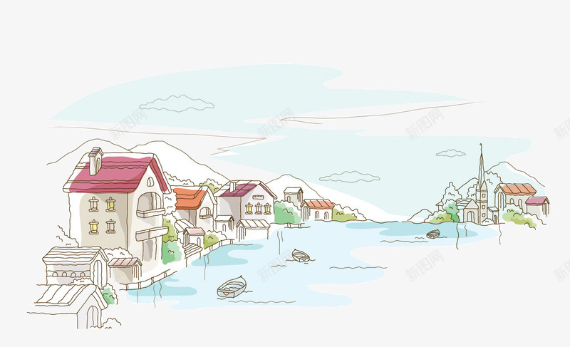 水彩手绘线描风景画png免抠素材_新图网 https://ixintu.com 园林景观手绘 手绘装饰画 水彩手绘 水彩手绘线描风景画 风景画