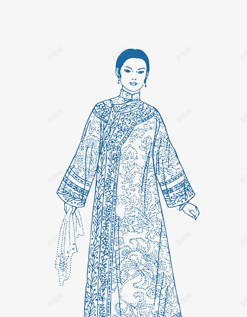 中国风青花瓷美女png免抠素材_新图网 https://ixintu.com 古典人物 手绘 白描 线描