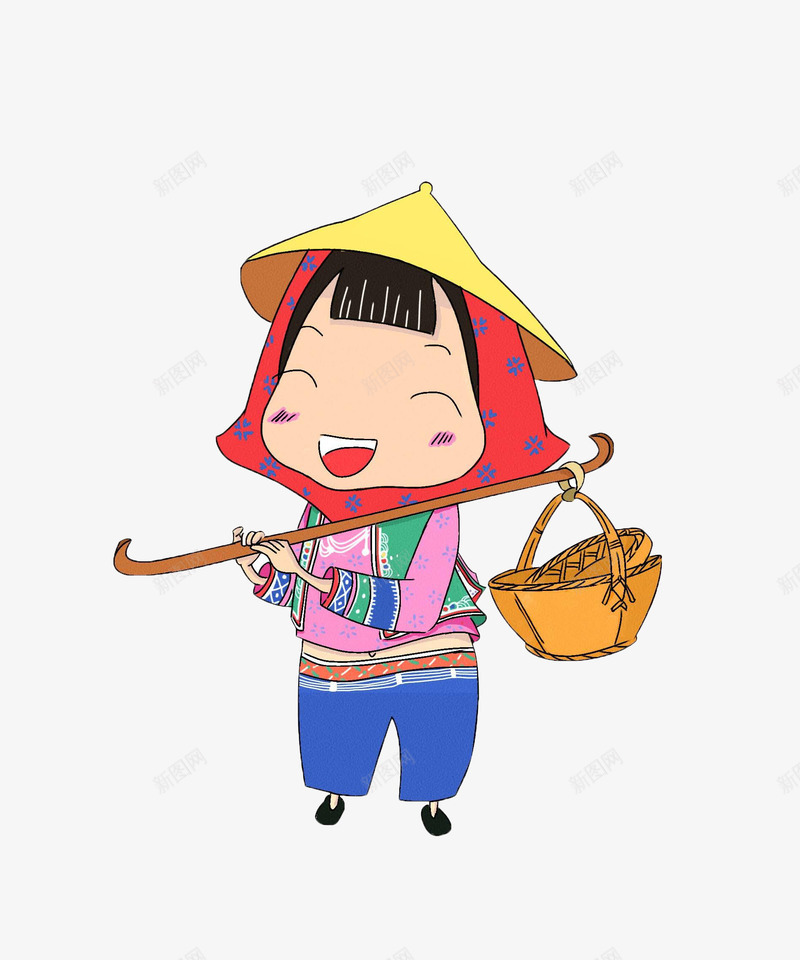 挑担的惠安女孩卡通造型png免抠素材_新图网 https://ixintu.com 卡通造型 惠安女 惠安女孩 挑担 笑眯眯