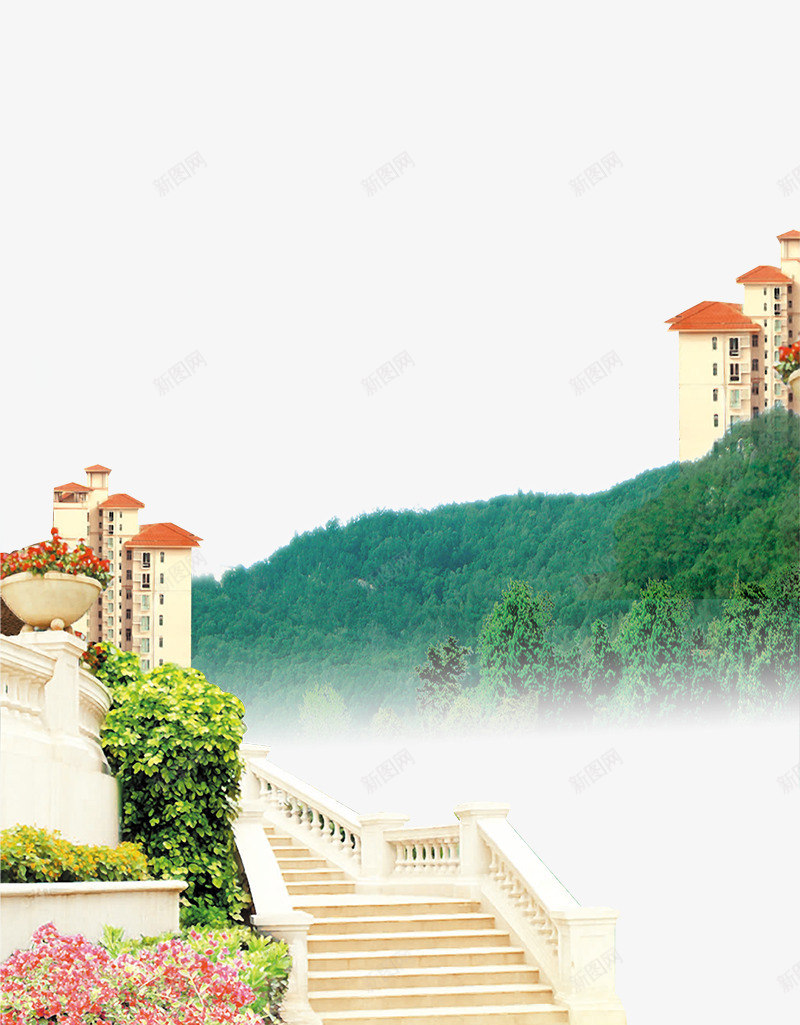 地产高山别墅小区psd免抠素材_新图网 https://ixintu.com 云雾缭绕 地产高山别墅小区 大山 房子 楼盘 海报 绿色