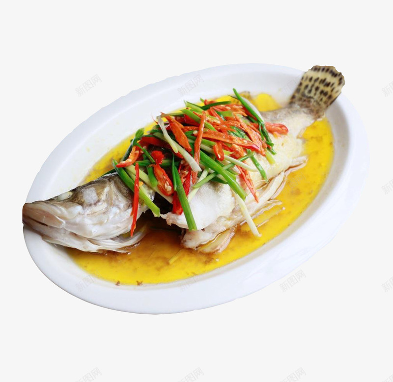 实物清蒸鲈鱼png免抠素材_新图网 https://ixintu.com 姜 海鲜菜 清蒸 清蒸鲈鱼 粤菜 红椒 花椒 葱 豉油 餐饮 鲈鱼