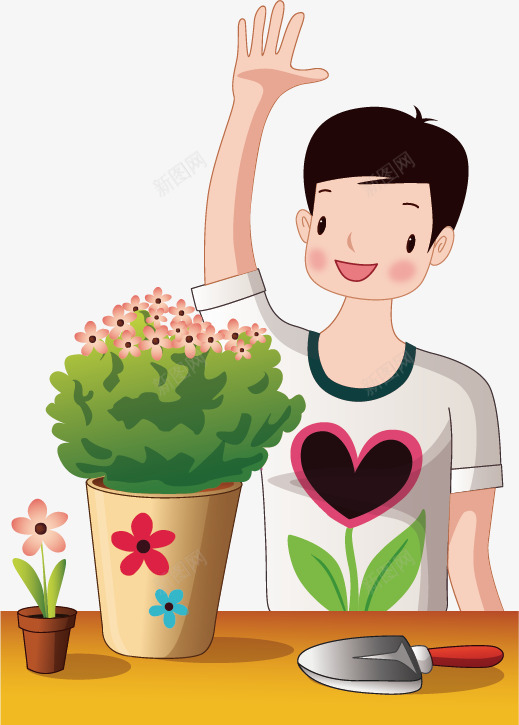 种花的男孩png免抠素材_新图网 https://ixintu.com 手绘 栽花 桌子 种花