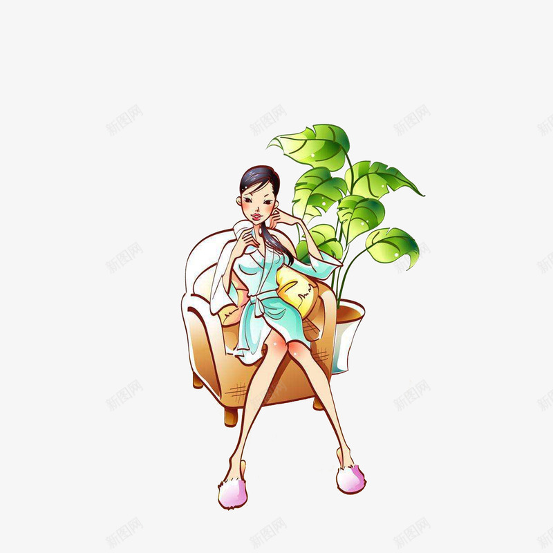 坐沙发上喝水的女孩png免抠素材_新图网 https://ixintu.com 卡通插画 坐沙发上喝水的女孩 棕色沙发 沙发上的人