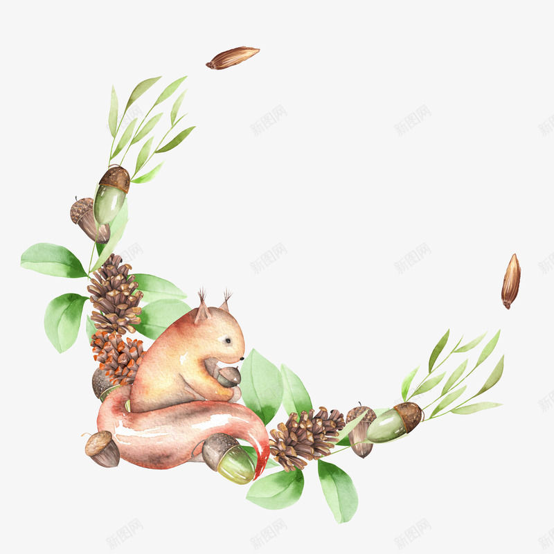 卡通手绘可爱的小松鼠png免抠素材_新图网 https://ixintu.com 动漫动画 卡通手绘 可爱的 叶子 小松鼠 松子 绿叶