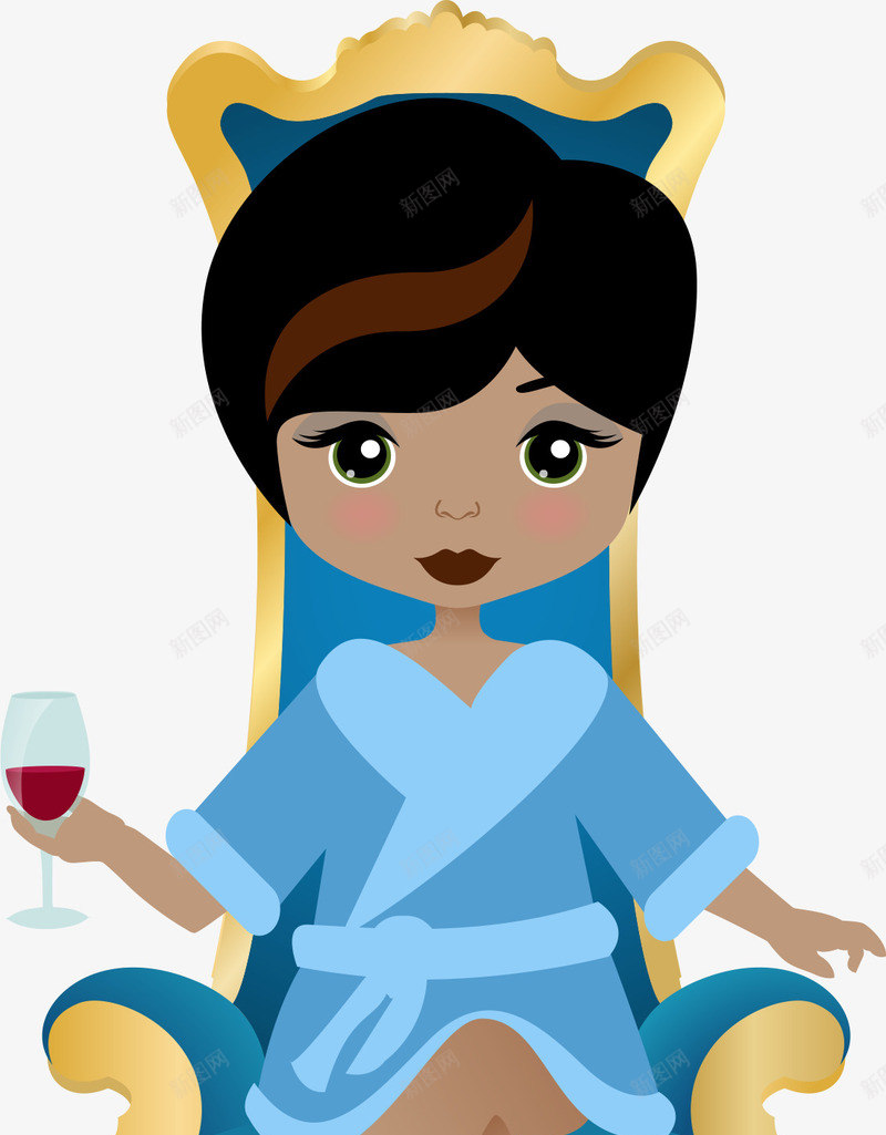 坐在沙发上喝红酒的女人png免抠素材_新图网 https://ixintu.com 动漫动画 卡通手绘 女人 家具 沙发 红酒 蓝色睡衣 装饰图 高脚杯