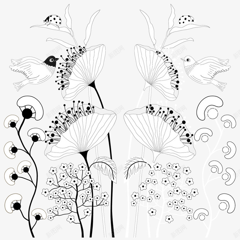 手绘线描花卉装饰png免抠素材_新图网 https://ixintu.com 手绘 盛开的花 线描花卉 花卉 蝴蝶 装饰矢量图 黑白剪影