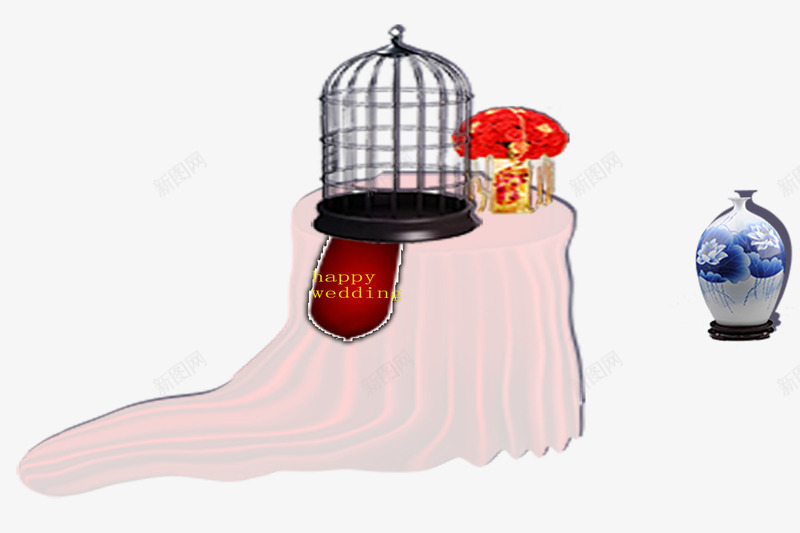 蓝色白瓷鸟笼白色桌子png免抠素材_新图网 https://ixintu.com 白色桌布 蓝色白瓷瓶 装饰图案 黑色鸟笼