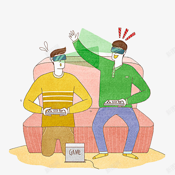 打游戏的男生png免抠素材_新图网 https://ixintu.com 卡通 彩色游戏机 手绘 沙发 游戏手柄 游戏机 男生 眼镜 简图