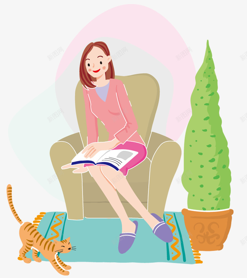 看书的美女png免抠素材_新图网 https://ixintu.com 书籍 植物 沙发 看书 美女