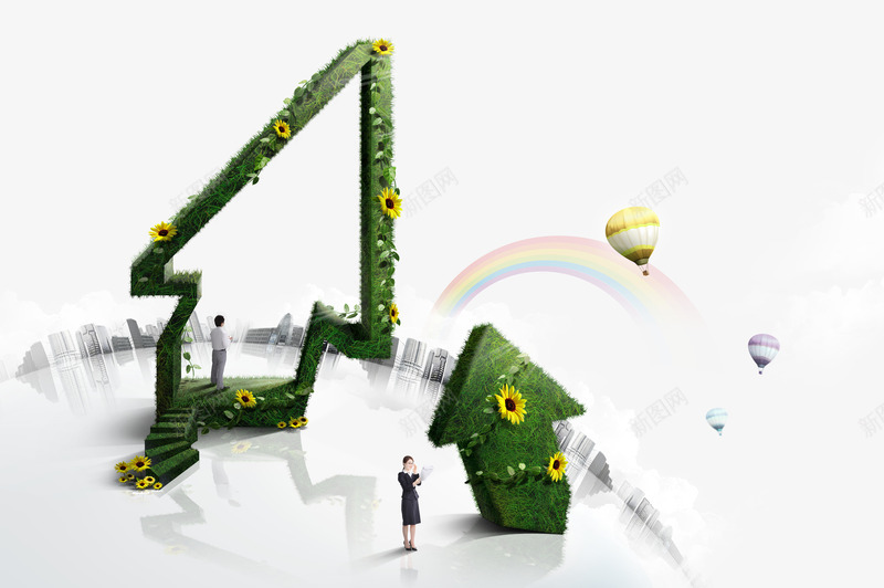 绿植箭头与商务人物png免抠素材_新图网 https://ixintu.com 商务人物 商务金融 地产 城市建筑 热气球 绿植箭头 远景