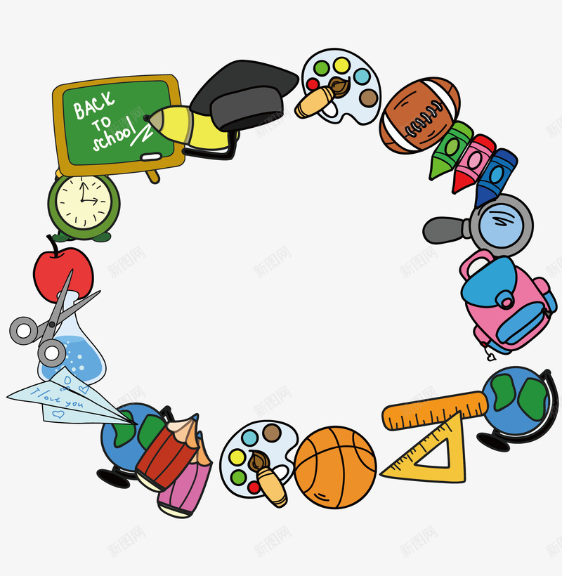 学习用品矢量图ai免抠素材_新图网 https://ixintu.com 书包 学习用具 帽子 橄榄球 画板 足球 闹钟 黑板 矢量图