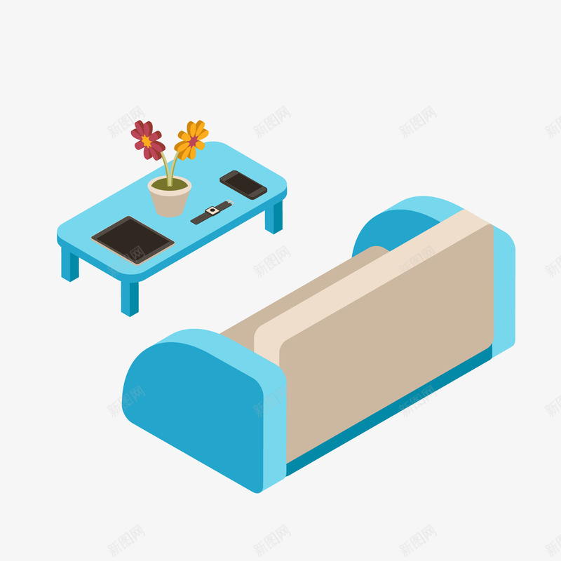 蓝色沙发家具png免抠素材_新图网 https://ixintu.com 卡通家具 背景装饰 蓝色家具 蓝色沙发 蓝色茶几