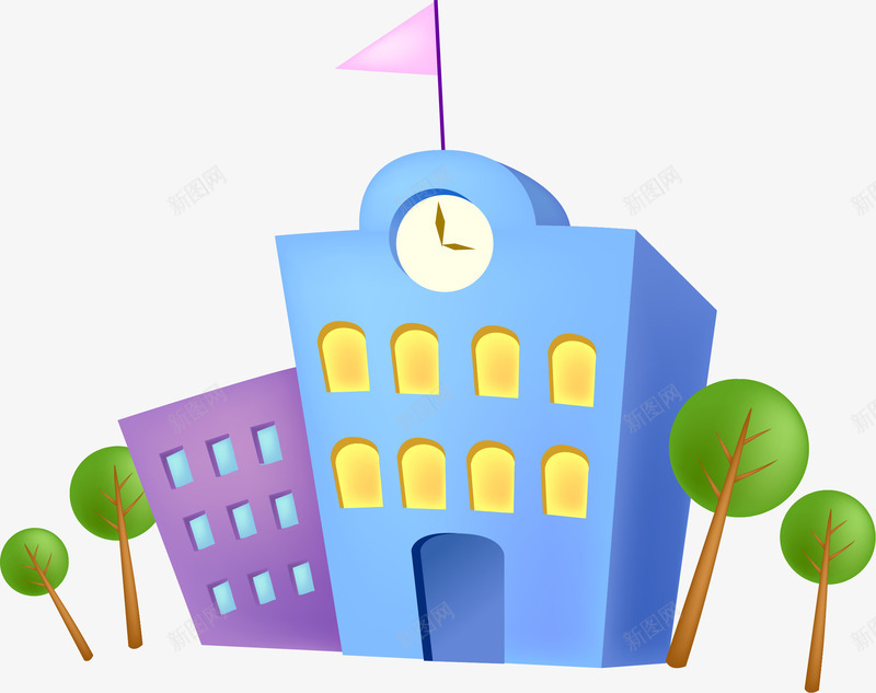 学校图矢量图ai免抠素材_新图网 https://ixintu.com 其中 学校 时钟 树木 矢量图